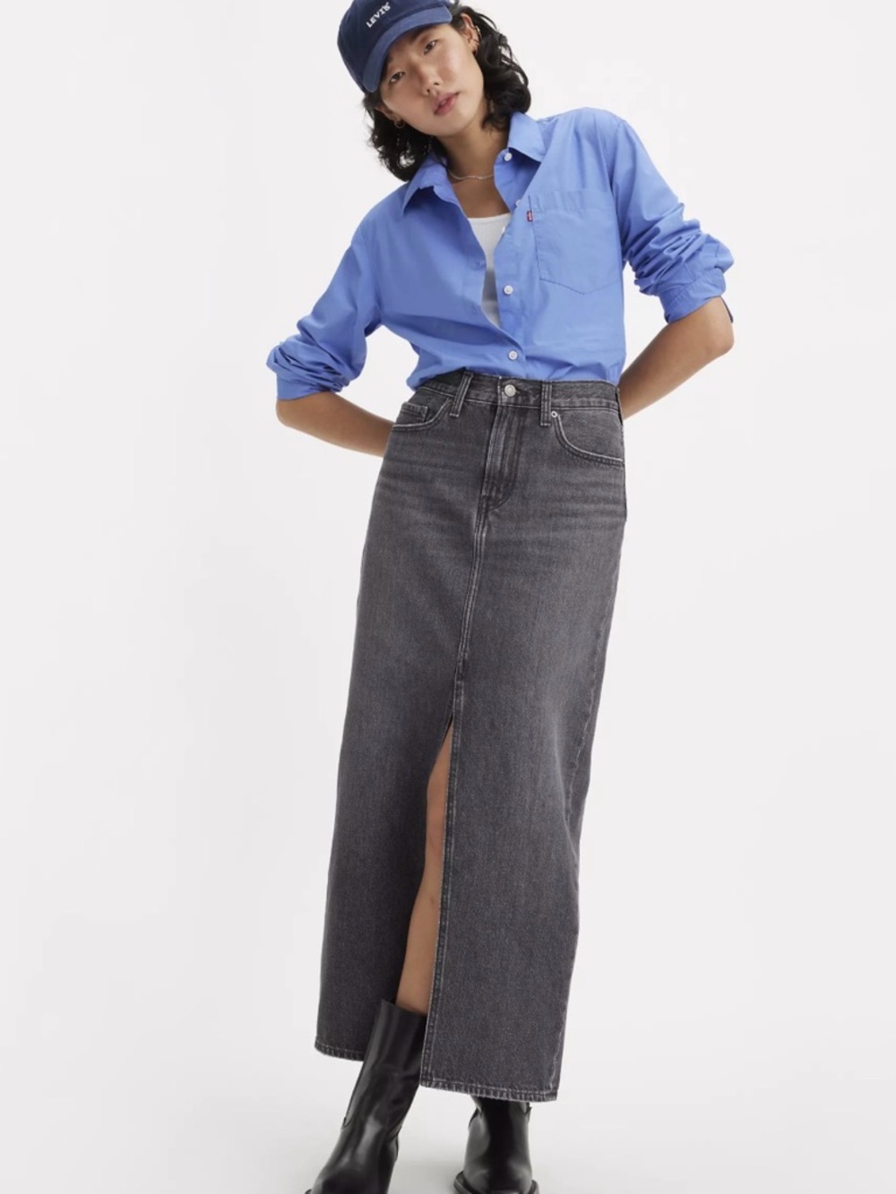 Levi’s Black Denim Midi Skirt with Front Slit
